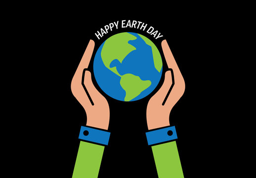 Happy Earth Day Illustration with Hands Holding Globe on Black Background