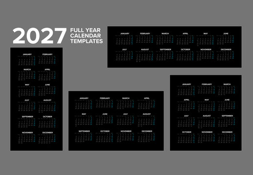 2027 Full Year Calendar Templates Layouts Collection in Modern Dark Design
