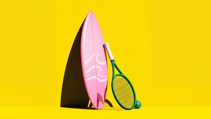 Obraz premium Pink surfboard leaning beside green tennis racket and ball on yellow background. Vibrant sports gear arrangement for summer leisure and active lifestyle concept