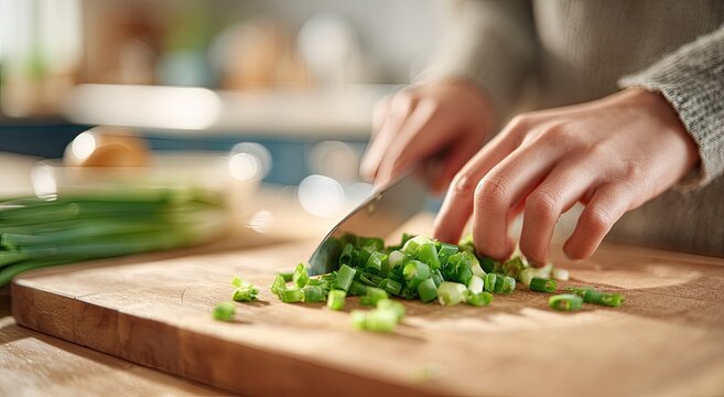 Close-up of hands mincing fresh green onions on a wooden cutting board in a kitchen