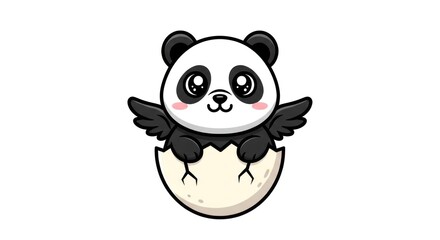Obraz premium Cute cartoon panda with wings hatching from an egg