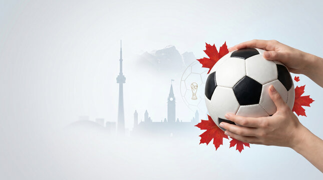 Soccer in Canada concept: hands holding a football with red maple leaves against Toronto skyline. Sport patriotism, championship, and active lifestyle in North America. Copy space for text.