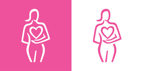 Logotipo con dibujo minimalista con una única línea de mujer de pie con gran corazón en la mano, para tarjetas y felicitaciones de San Valentín © teracreonte