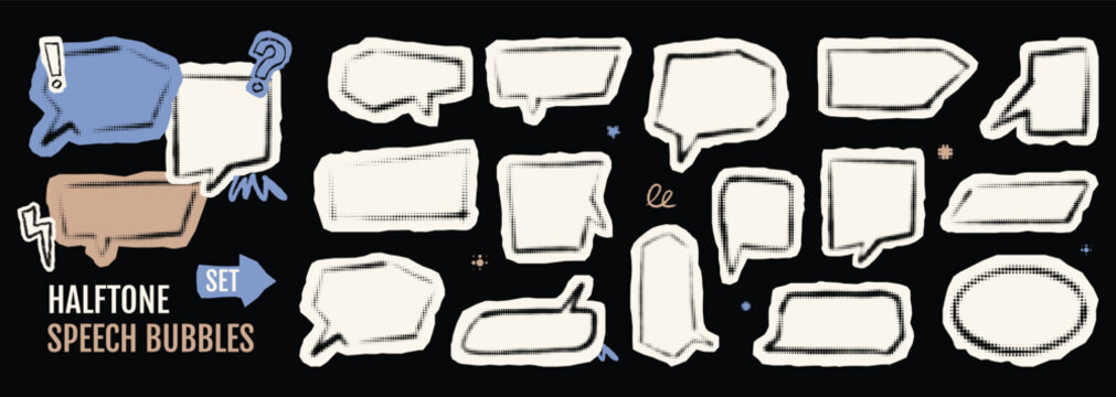Diverse halftone speech bubbles and comic book elements set. Ragged stickers for notice and announcement in collage style.