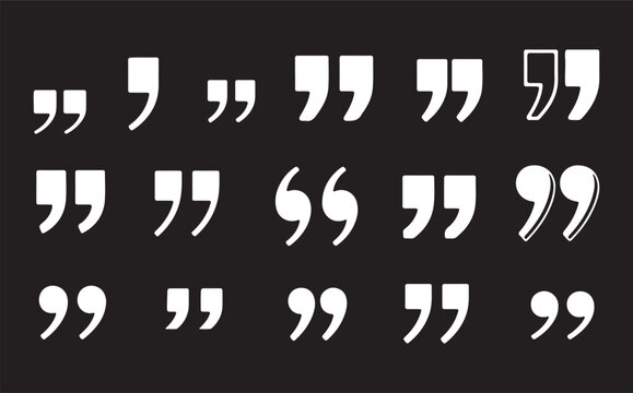 A diverse collection of white quotation mark icons and commas on a black background.