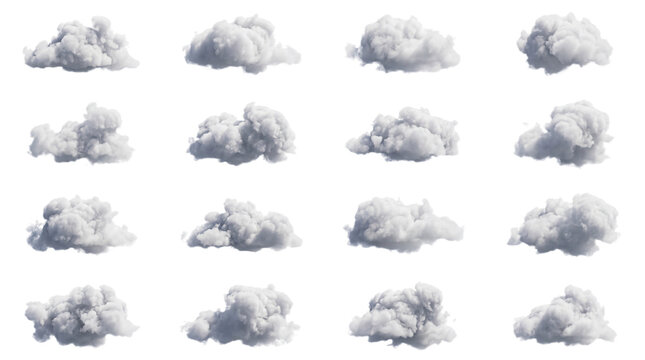 A collection of gray clouds on transparent background