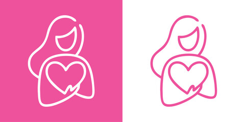 Logotipo con dibujo minimalista con una única línea de mujer de pie con gran corazón en las manos, para tarjetas y felicitaciones de San Valentín © teracreonte