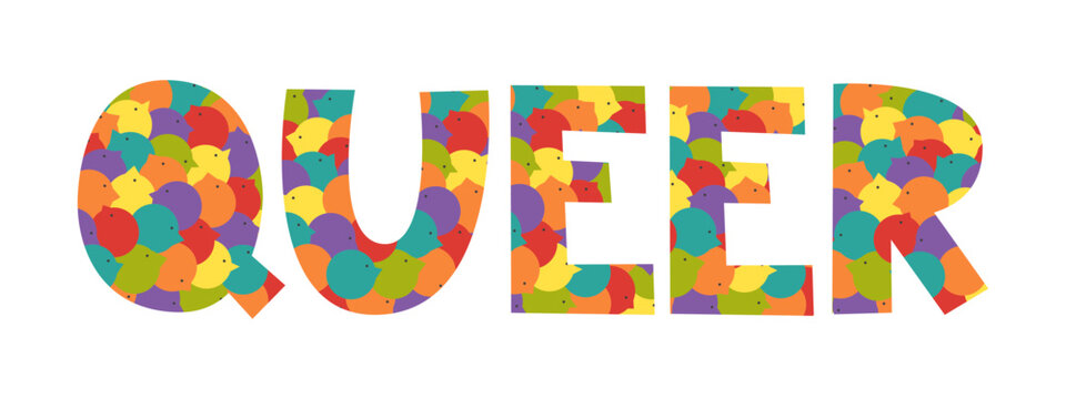 Queer lettering with pattern of diverse people in rainbow colors. LGBT pride, community and support concept. Gay, lgbtq+ inclusion.