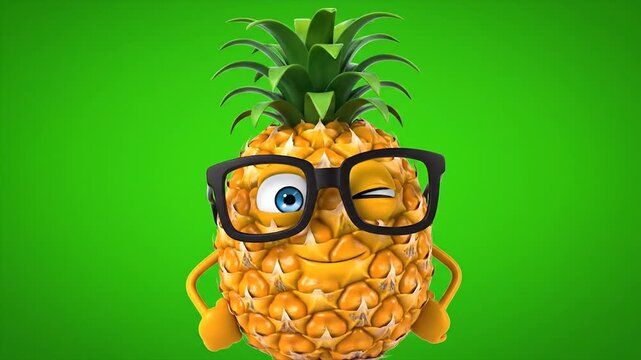 Friendly cartoon pineapple in glasses waving on green background