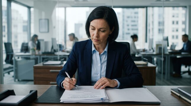 Medium shot of a business executive reviewing documents with a blurred office background illustrating salary deferral in a deferred compensation plan.