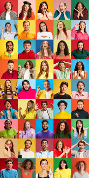 Large diverse people faces collage with bright colorful backgrounds. Concept of human diversity, emotional expression range, social communication, audience avatars and modern lifestyle representation.