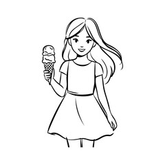Logotipo con dibujo sencillo con líneas de una chica joven de pie de frente comiendo un cucurucho de helado © teracreonte