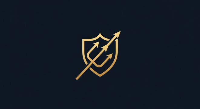 Golden trident symbol over shield on dark blue background