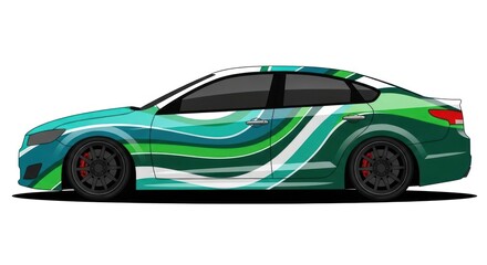 Naklejka premium Green abstract wavy vinyl wrap design on modern sports sedan
