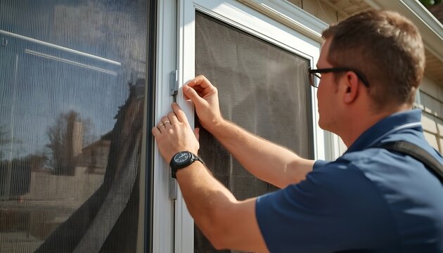 A man is adjusting the latch on a screen door, ensuring it closes properly.