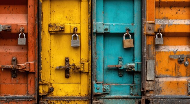 Four vibrantly colored, weathered cargo container doors, secured with padlocks