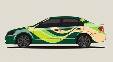 Fototapeta premium Green and lime abstract graphic wrap on modern sedan