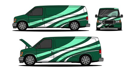 Naklejka premium Green commercial cargo van mockup with custom graphic wrap design