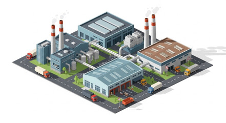 Obraz premium Industrial Factory Complex with Smokestacks and Trucks.