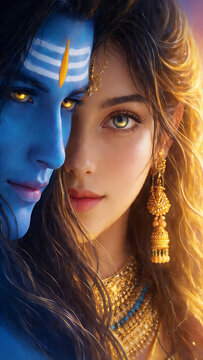 Stunning digital art depicting Ardhanarishvara, the divine union of Shiva and Parvati, with a blue-skinned male and adorned female face merging beautifully.