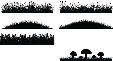 Grass and foliage silhouette collection featuring natural plants bushes ferns and mushrooms ideal for landscape design outdoor themes and nature scenes © SHOJEB