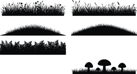Fototapeten Schwarz Grass and foliage silhouette collection featuring natural plants bushes ferns and mushrooms ideal for landscape design outdoor themes and nature scenes  © SHOJEB