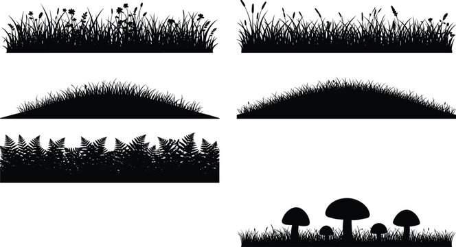 Grass and foliage silhouette collection featuring natural plants bushes ferns and mushrooms ideal for landscape design outdoor themes and nature scenes