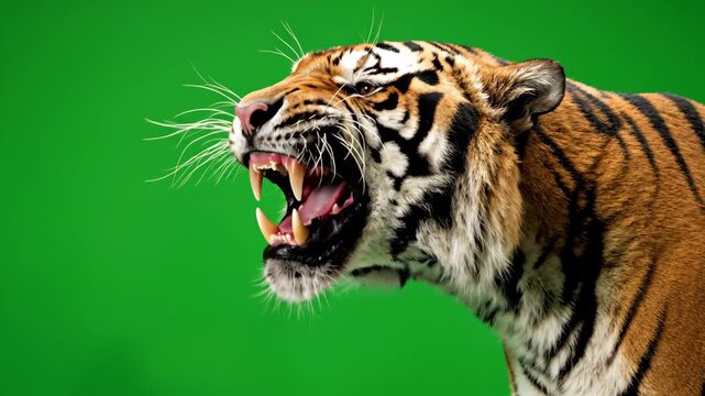 Tiger Roaring Ferociously Isolated on Solid Green Screen Background
