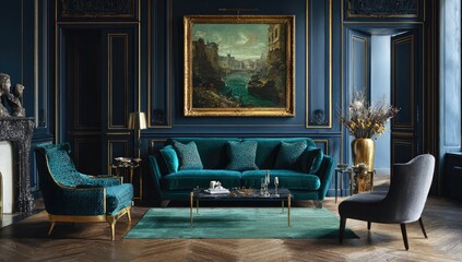 Obraz premium Elegant living space featuring a teal sofa, armchair, artwork, and accents in gold