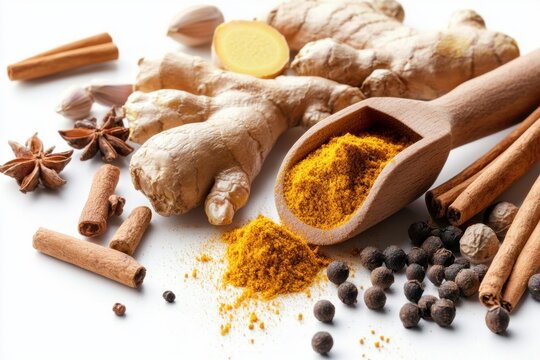 Organic spice collection turmeric ginger cinnamon black pepper star anise garlic root powder