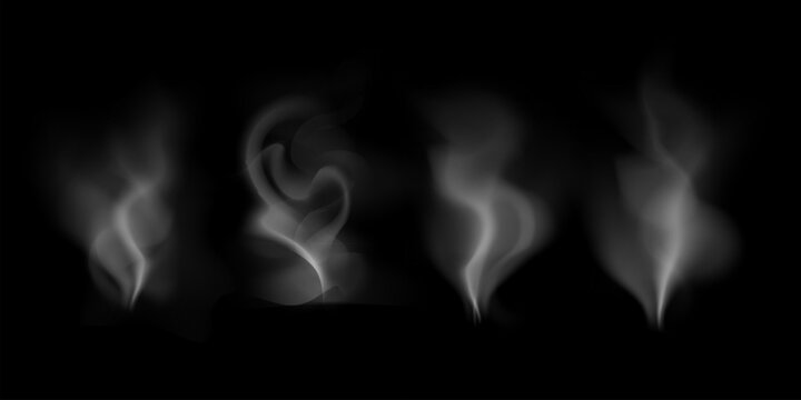 Steam smoke rising from hot coffee, water, tea, drink or food on black background. White vapor effect for food and drink design. Realistic vector illustrations set.