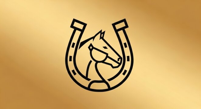 Minimalist black horse head and horseshoe logo on gold background