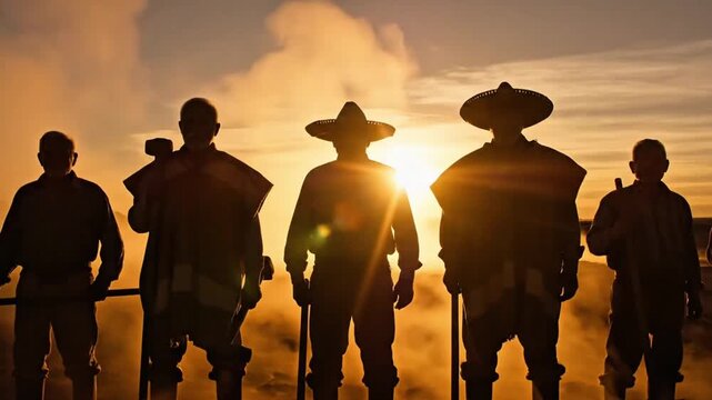 Cinematic realistic animation of workers silhouettes standing proudly with tools against sunrise, golden hour lighting, soft fog, warm tones, camera low angle slowly rising upward
