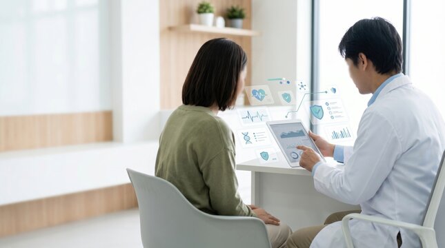 Male doctor showing patient digital health dashboard medical report on tablet with holographic interface future healthcare technology data analysis modern clinic consultation