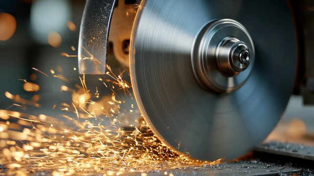 Sharpening tool sparks fly in golden bursts. Metal disc spins with focused precision. Bright sparks ignite against dark surface. Industrial scene captures raw energy. Ideal for manufacturing