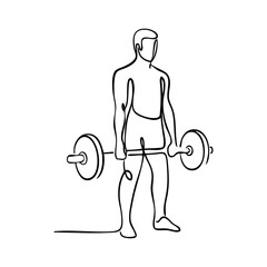 Logo gimnasio. Dibujo minimalista con una única línea de un hombre levantando una barra de pesas © teracreonte
