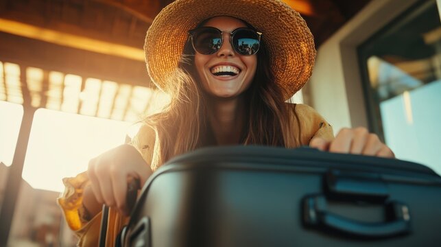Joyful woman with suitcase at train station, sunset glow background