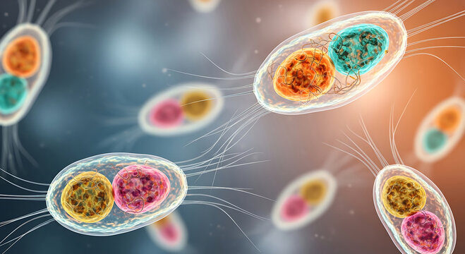 Microscopic view of colorful rotifers swimming in a liquid environment