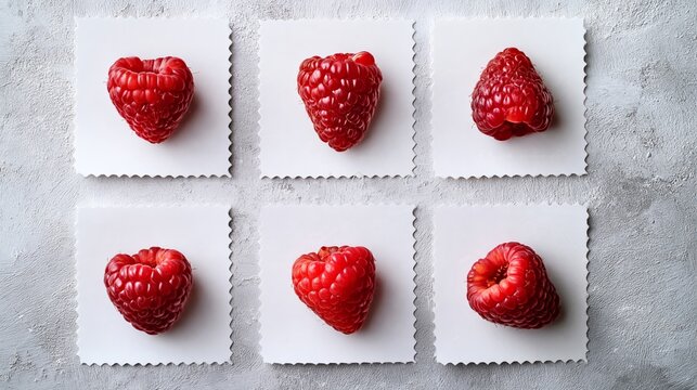 Six vibrant raspberries rest on white squares. Each berry showcases unique shapes and textures. They sit atop a light, textured surface. The arrangement feels clean, simple, and natural