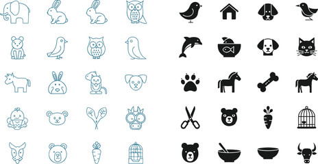 Obraz premium Animal and Pet Care Icon Collection Featuring Minimalist Outlines and Solid Silhouettes for Veterinary Clinics, Animal Shelters, Pet Shop Branding, and Nature Education Graphics