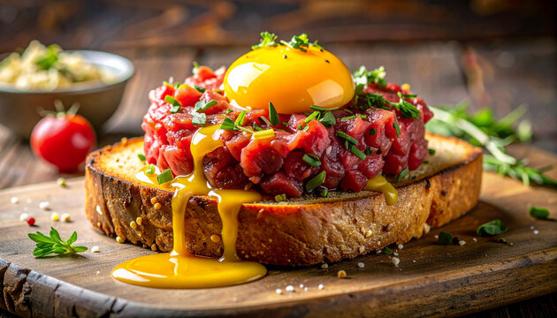Steak tartare on toast with egg yolk dripping over the edge