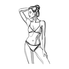 Logotipo vacaciones de verano. Dibujo con líneas de una mujer de pie con bikini, posando con una mano en la cabeza  © teracreonte