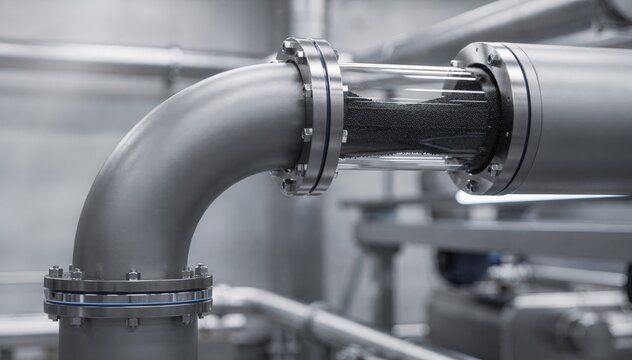 Closeup medium shot of a bent pneumatic pipeline section showing airtight seals and smooth carbon black flow in a manufacturing process.