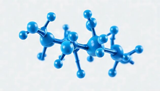Blue molecular model of a hydrocarbon chain against a white background