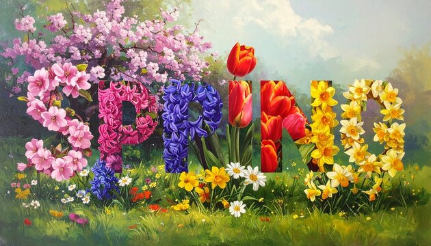 "The word SPRING spelled out in large letters made of multicolored flowers, set in a bright outdoor landscape with blooming pink trees and lush green grass."
