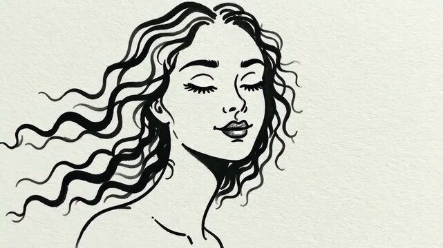 Womans profile in flowing hair animation sequence. Artistic line drawing of head turning with wind-swept waves. Beauty and motion illustration in black and white style for digital art concept.