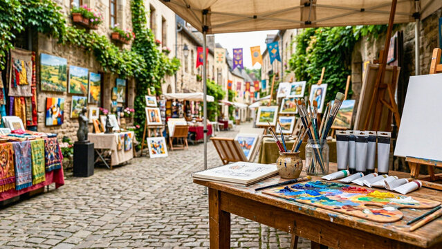 Discover the magic of art markets with this vibrant street fair setup showcasing professional painting tools and canvases