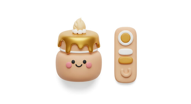 Isolated cute 3d rendered dessert character with melted gold topping and a remote control, simple cartoon style, soft pastel colors, isolated on white