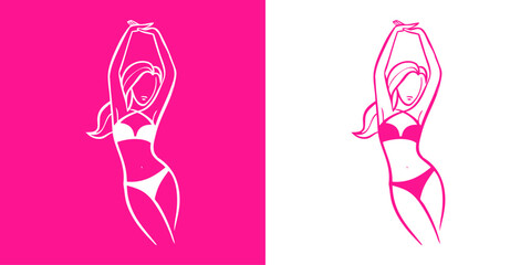 Logotipo vacaciones de verano. Dibujo minimalista con líneas de una mujer de pie con bikini, posando con las manos por encima de la cabeza  © teracreonte