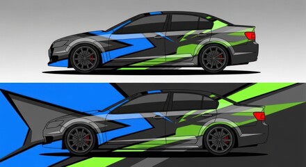 Modern car wrap design with blue and green racing graphics © kucret